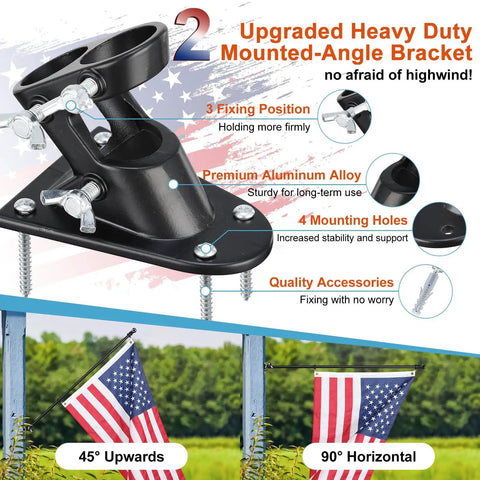 Flag Pole Kit For Outdoor Setup With 3x5 US Flag, 6-Foot Heavy Duty Aluminum Flagpole, Tangle Free 360 Degree Spinning Rings, 45 Degree And 90 Degree Holder, Aluminum Bracket Included, Perfect For Porch, Patio, Deck, Yard, Wall Or Brick, Black