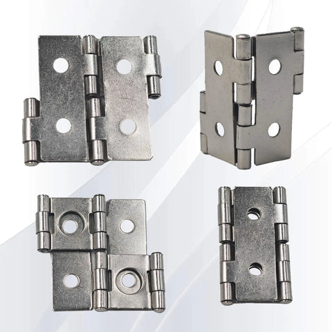 Double Acting Hinges 12 Pack showcasing silver heavy-duty iron hinges with mounting holes for cabinet use.