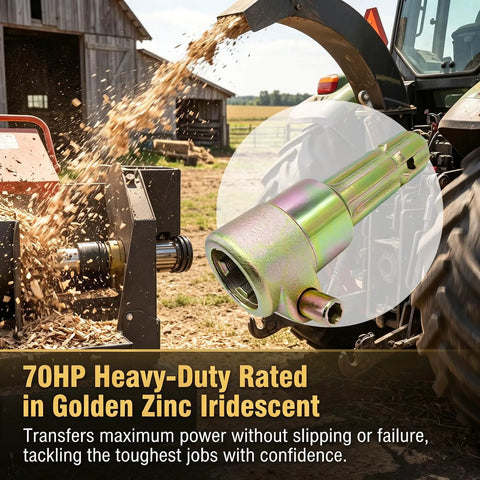 Heavy Duty Pto Extender Shaft With Quick Release Plug Rated For Seventy Hp Fits Bush Hog Kubota Snow Blowers And Finish Mowers Built Like A Tank For Everyday Farm Grind shown in use, transferring power.