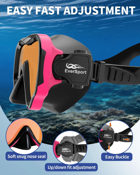 Close-up of Anti Fog 180 Degree Panorama Snorkel Set For Adults With Dry Top Mask showing adjustable strap and soft nose seal features.
