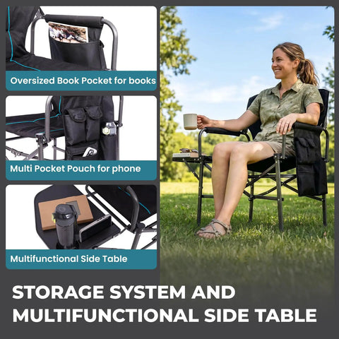 Woman sitting on Oversized Folding Chair For Outdoors With All Day Comfort And Fully Padded Seat And Back, 450Lbs Heavy Duty Portable Camp Chair With Side Table And Pockets on lawn