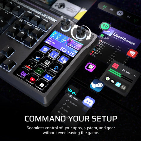 Black Galleon 100 RGB Mechanical Wired Gaming Keyboard With Insane Tactile Feedback And Built In Elgato Stream Deck Integration For A Truly Goated Player One Experience close-up showing programmable keys and built-in screen.