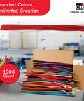 Box of 1000 colorful pipe cleaners for crafts and classroom projects, with 12-inch bendable chenille stems visible on a table.