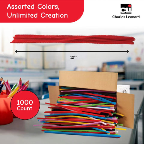 Box of 1000 colorful pipe cleaners for crafts and classroom projects, with 12-inch bendable chenille stems visible on a table.
