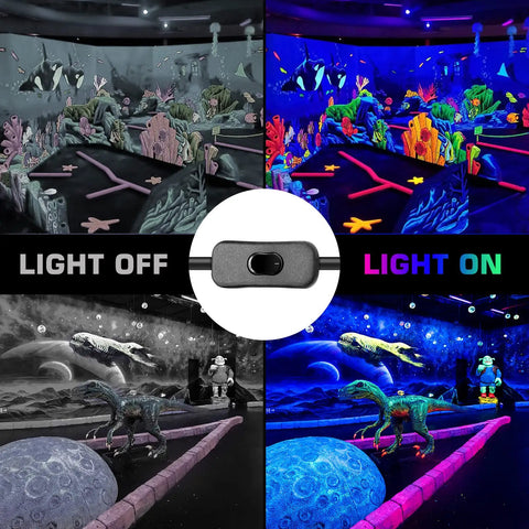 Light on and off of Ultra Bright 42W LED Black Light Bar Set showing glow effects in game room with plug switch.