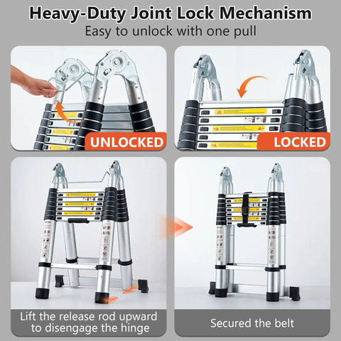 Telescoping A Frame Ladder 16.5 Feet Aluminum With Stabilizer Bar For Ultra Stable Reach Anti Slip Steps And Textured Rungs For Safety Wobble Free With Smart Locking Pins Silver Finish joint lock mechanism