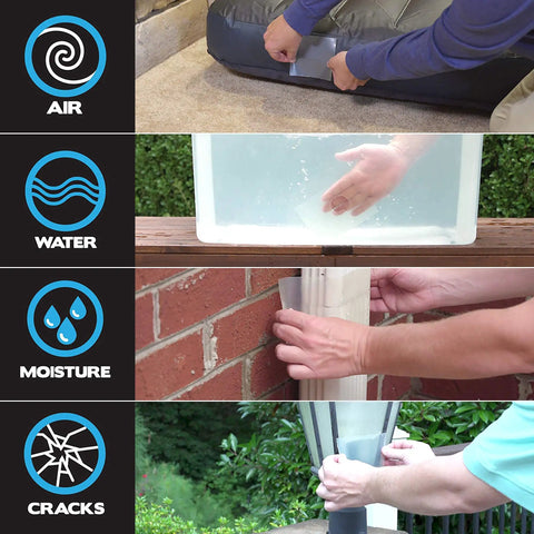 Person using Transparent Sealing Tape That Sticks Like Crazy For Quick Waterproof Repairs on air bed, water tank, brick wall, and gutter.