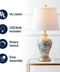 24 Inch Tall Multicolor Gold French Country Ceramic Floral Urn Table Lamp With White Linen Shade Chinoiserie