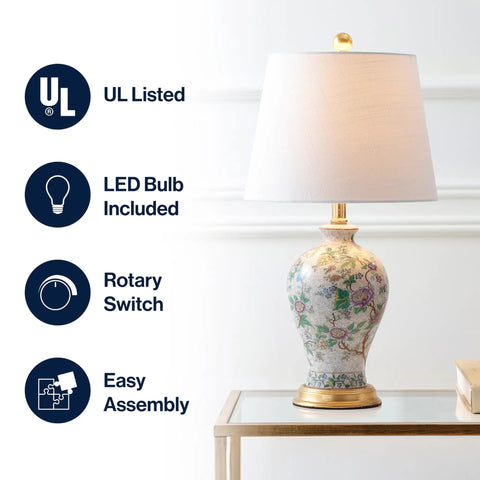 24 Inch Tall Multicolor Gold French Country Ceramic Floral Urn Table Lamp With White Linen Shade Chinoiserie
