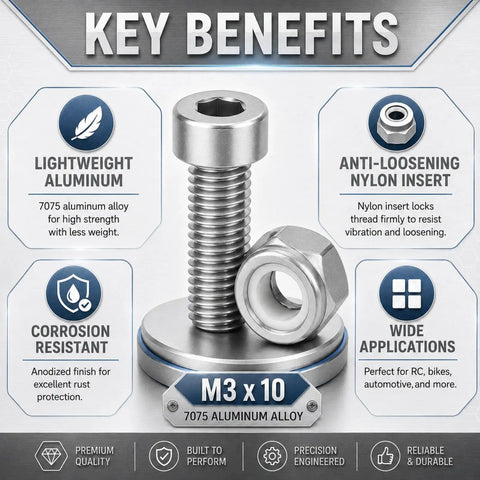 Rock Solid Heavy Duty M3 10mm Socket Cap Screws Paired With M3 Nylon Locknuts 10 Piece Pack with anti-loosening nylon insert.