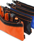 4 Pack Small Tool Pouches Set With Clips Heavy Duty Electrician Tool Bags Zippered Pouches in orange and black, filled with tools