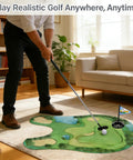 Man playing on a rug-style mini golf mat in a living room, promoting Bathroom Toilet Golf Putting Game For Quick Laughs And Stress Relief.