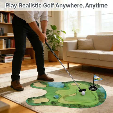 Man playing on a rug-style mini golf mat in a living room, promoting Bathroom Toilet Golf Putting Game For Quick Laughs And Stress Relief.