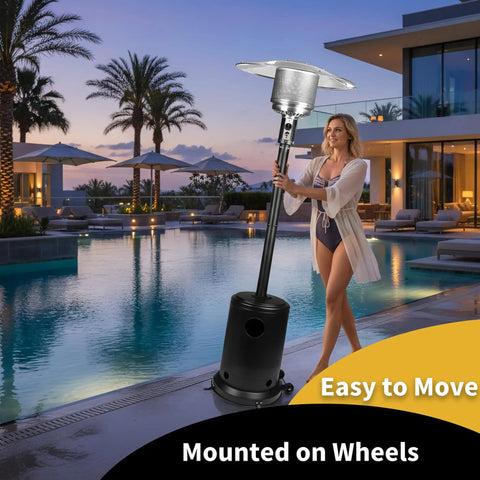 Woman beside 50,000 BTU Outdoor Propane Patio Heater with Wheels, Durable Powder Coated Steel near pool at sunset.