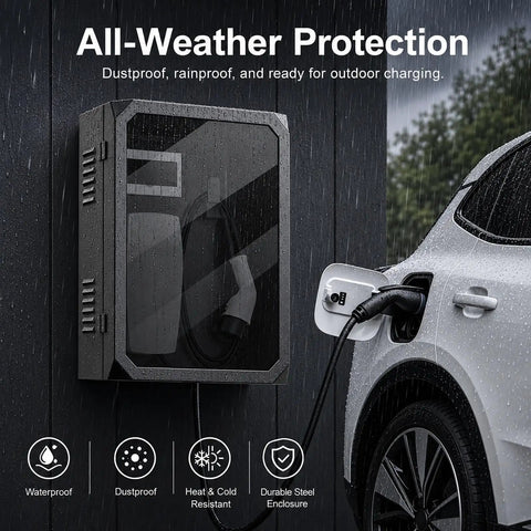 Heavy Duty Cold Rolled Steel EV Charger Station Enclosure Featuring Lockable Clear Door And Rust Resistant Finish For Dependable Wall Mount Protection At Home Or The Garage with EV plug in rainy weather.