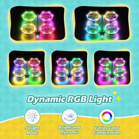 Dynamic RGB lights on One Touch Takeoff RC Drone For Kids 6 And Up With Remote, 360 Degree Flip, Indoor Outdoor Flying Toy