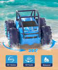 Amphibious Remote Control Car For Kids 3 To 12 Rechargeable RC Toy with 360 Degree Flips on a beach, showing waterproof design.