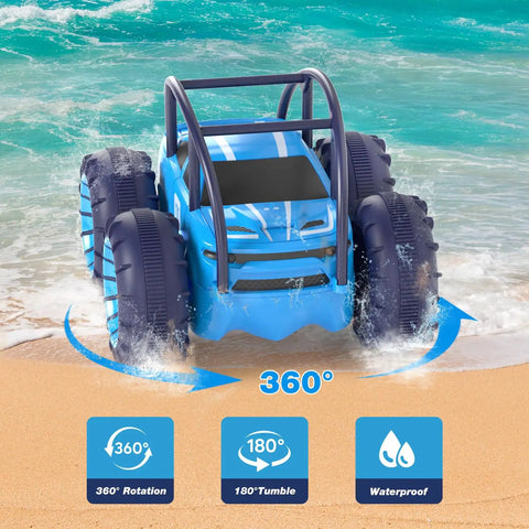 Amphibious Remote Control Car For Kids 3 To 12 Rechargeable RC Toy with 360 Degree Flips on a beach, showing waterproof design.