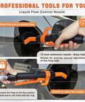 Hella Powerful Battery Fuel Siphon Pump With Slick High Suction Motor For Darn Smooth Gas Oil Water Diesel Transfer And No Drama Portable Operation In Vibrant Orange Color showing liquid flow control nozzle usage.