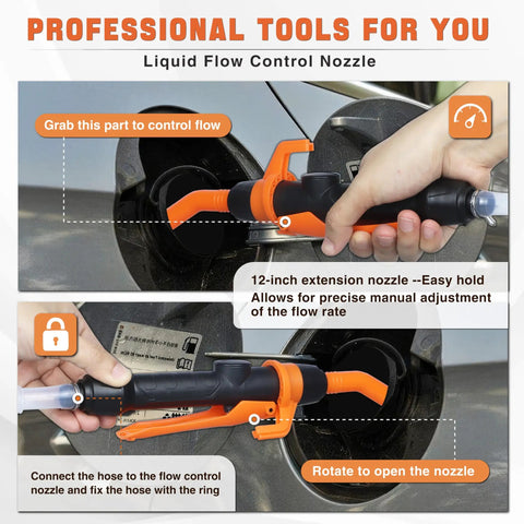 Hella Powerful Battery Fuel Siphon Pump With Slick High Suction Motor For Darn Smooth Gas Oil Water Diesel Transfer And No Drama Portable Operation In Vibrant Orange Color showing liquid flow control nozzle usage.