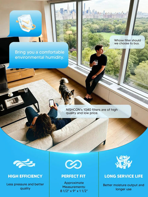 Room with large windows, two people, and dog; humidifier info overlay about efficiency, fit, and service life features.