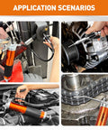 Grease gun kit with orange barrel and hose; adapters shown for automotive use on engine, forklift, and chain.