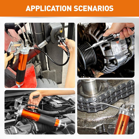 Grease gun kit with orange barrel and hose; adapters shown for automotive use on engine, forklift, and chain.