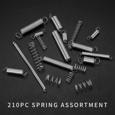 Top view of a 210-piece zinc-plated steel spring assortment kit with compression and extension springs.