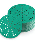 50 pack of 6 Inch Sanding Discs 80 Grit, 49-Hole Hook And Loop Film Backing, stacked with one disc showing holes.