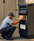 Delivery worker placing box in outdoor drop box with Please Place Packages In Box Sign 11.7 By 8 Inches Weatherproof Delivery Instructions Sticker Easy Peel And Stick Self Adhesive Laminate Guards Against Weather And Graffiti Resistant For Amazon UPS FedEx USPS