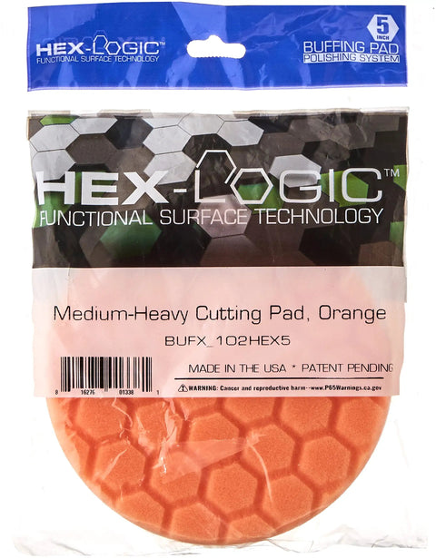 Hex Logic Medium Heavy Cutting Pad Orange Pro Grade Five Point Five Inch Fits 5 Inch Backing Plates Self Centering Ring Durable Swirl Remover Pad For Auto Detailing One Pad Included, packaged view
