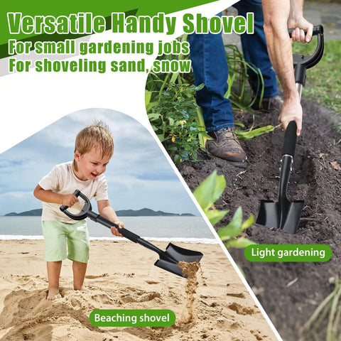 Man using compact 31 inch metal square shovel with D handle for edging in garden and child using it on beach for digging sand