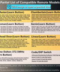 Compatibility chart for Universal Garage Door Keypad Remote For All The Big Name Brands Including Chamberlain LiftMaster Genie Linear Sears Craftsman