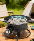 19 Inch Portable Propane Fire Pit Smokeless Round Fire Bowl With Cover And Carry Kit 58,000 BTU on wooden table outdoors