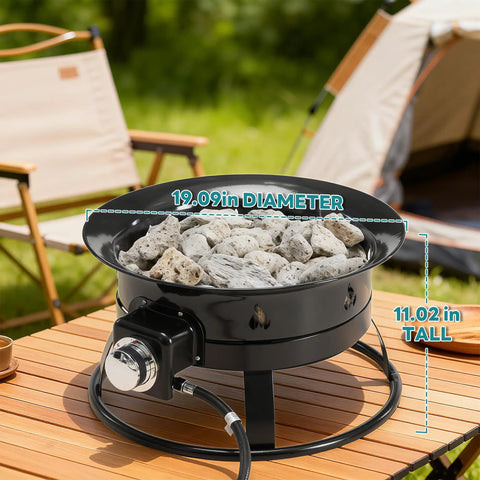 19 Inch Portable Propane Fire Pit Smokeless Round Fire Bowl With Cover And Carry Kit 58,000 BTU on wooden table outdoors