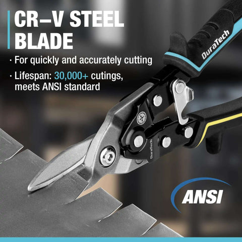 Close-up of 3 piece aviation snips set cutting metal sheets, featuring CR-V steel blade and ANSI standard in focus.
