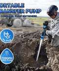 Cordless Stick Water Pump Moves 720 GPH With No Sweat, Delivers 32 Ft Lift Power, Includes 4000mAh 21V Battery And Fast Charger, 3/4 Inch Connection, Solid Choice For Vacuuming Pools, Spas, And Yachts On-site, Toss The Extension Cord And Go, man using pump on wet ground.