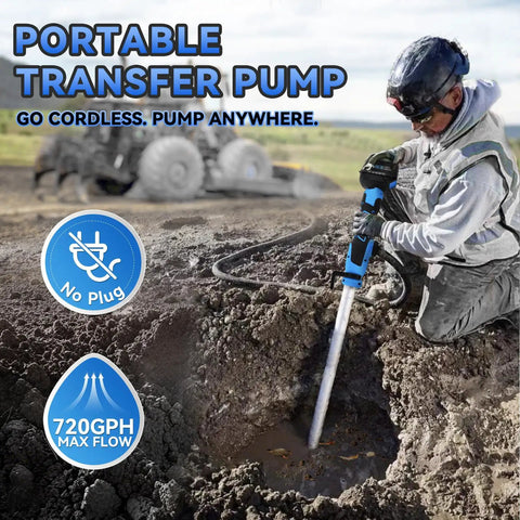 Cordless Stick Water Pump Moves 720 GPH With No Sweat, Delivers 32 Ft Lift Power, Includes 4000mAh 21V Battery And Fast Charger, 3/4 Inch Connection, Solid Choice For Vacuuming Pools, Spas, And Yachts On-site, Toss The Extension Cord And Go, man using pump on wet ground.