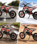 Collage of 50cc 2-Stroke dirt bike with upgraded kickstand on road, snow, mud, sand showcasing stable parking on diverse terrain.