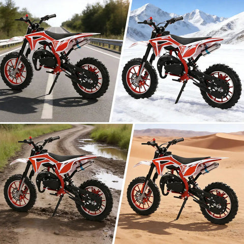 Collage of 50cc 2-Stroke dirt bike with upgraded kickstand on road, snow, mud, sand showcasing stable parking on diverse terrain.