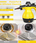 Heavy Duty Handheld Steam Cleaner 1050W Portable Household Steamer beside dirty and clean stovetop, showcasing powerful cleaning effect.