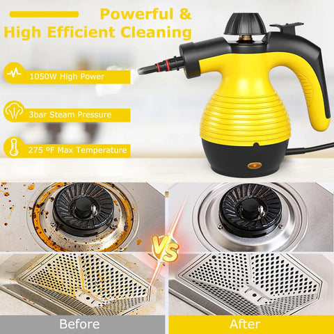 Heavy Duty Handheld Steam Cleaner 1050W Portable Household Steamer beside dirty and clean stovetop, showcasing powerful cleaning effect.