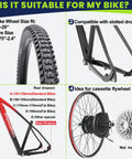 Diagram showing compatibility of the Beefy 48V 500W Rear Hub Ebike Conversion Kit with various bike sizes and dropouts.