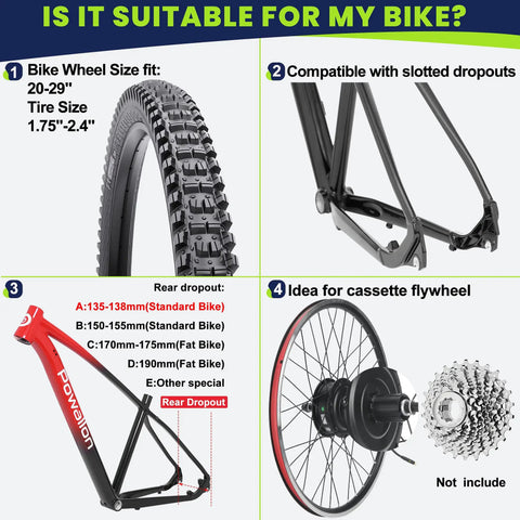 Diagram showing compatibility of the Beefy 48V 500W Rear Hub Ebike Conversion Kit with various bike sizes and dropouts.