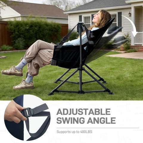 Woman sitting in Oversized Padded Hammock Camping Chair With Storage Pockets Heavy Duty Foldable Rocking Camp Chair That Supports Up To 400Lbs Portable With Carry Bag Perfect For Outdoors And Backyards Beast Mode Ready, adjustable angle shown, outdoors.