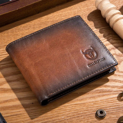 Ultra Slim RFID Wallet For Men Genuine Leather Bifold Front Pocket Card Holder With Two ID Windows Minimalist Design Built To Last Everyday Carry Ready Brown Finish