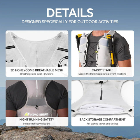 Ultralight Running Hydration Vest With Two 500ml TPU Soft Flasks, Unisex Water Backpack showing 3D mesh and storage compartments