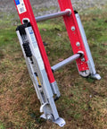 Permanent Mount Heavy Duty Ladder Levelers Full Kit with Pro Grade Side Tip Stabilizer Arms on uneven ground