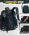 Back view of 45L Fishing Backpack With Rod Holders And Rain Cover showing ergonomic shoulder straps and breathable cushion details.