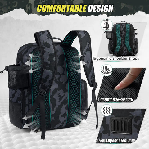 Back view of 45L Fishing Backpack With Rod Holders And Rain Cover showing ergonomic shoulder straps and breathable cushion details.